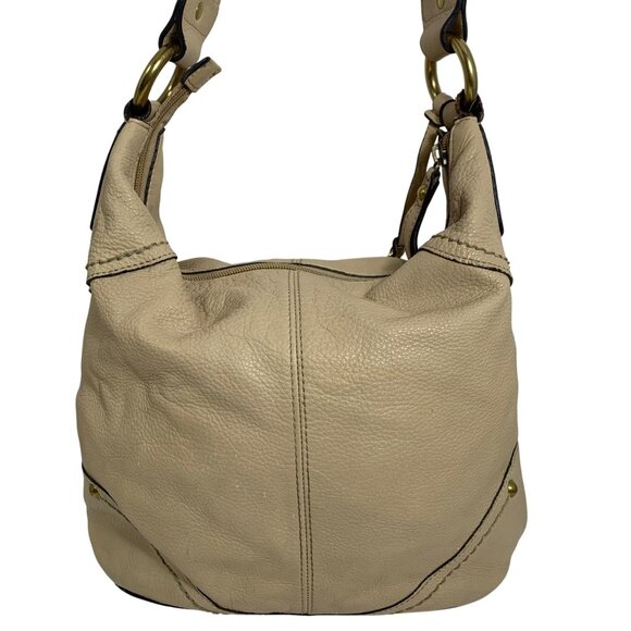 FOSSIL 75082 Beige Leather Hobo Slouchy Bag Tote Shopper Brass Hardware VTG - Picture 3 of 11